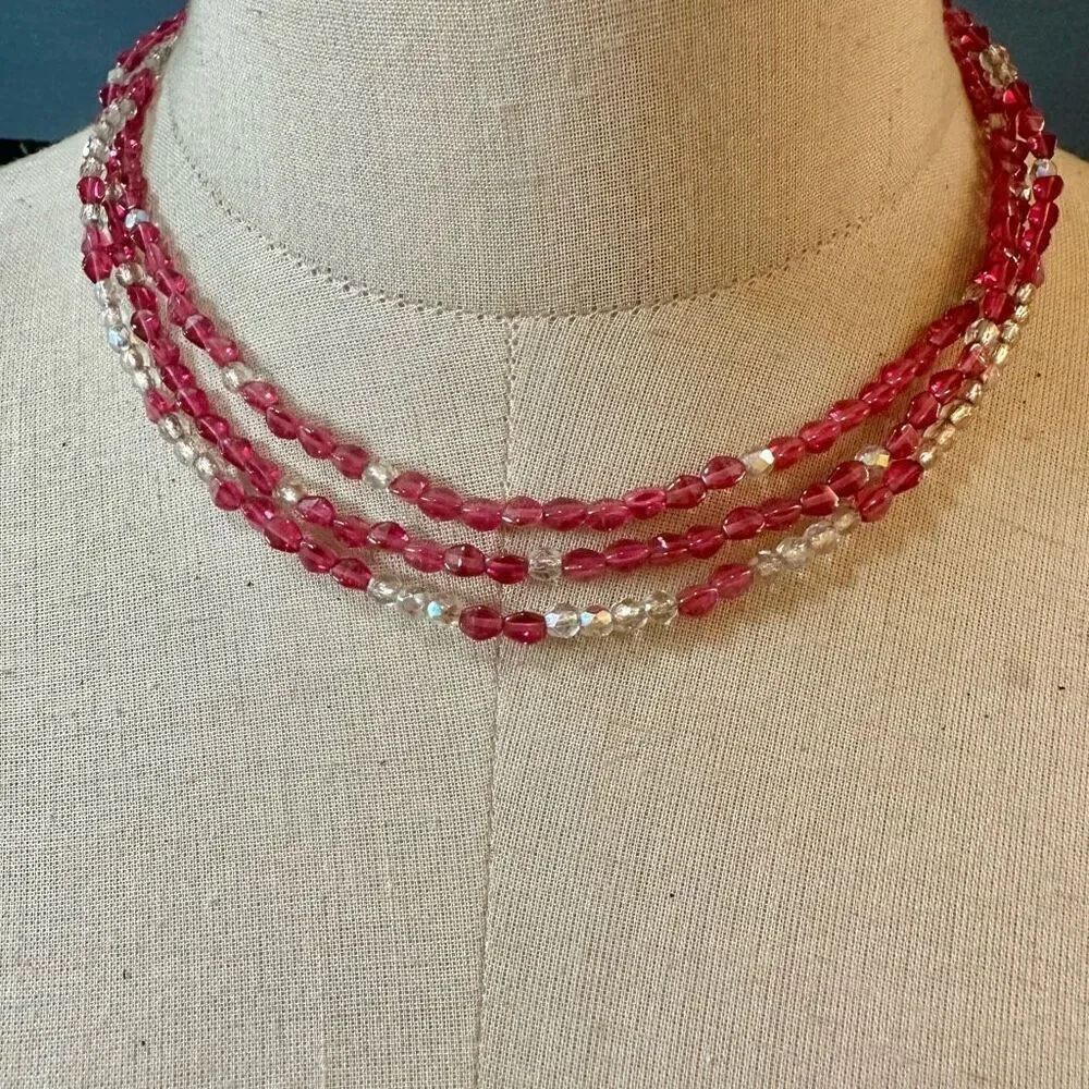 Pink and clear beaded multi strand vintage necklace with sterling silver clasp